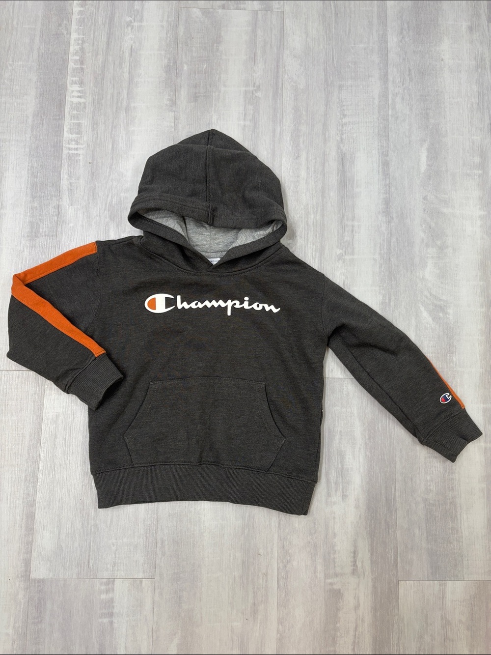 Champion Kids Granite Heather Hoodie with Orange Sleeve Stripe Size 6